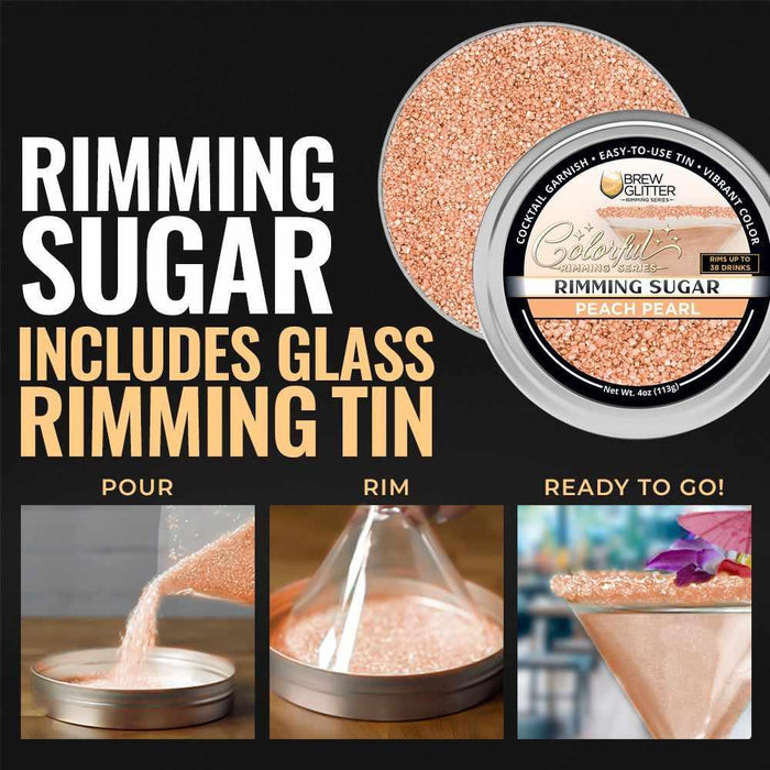 Peach Pearl rimming sugar in a 4oz tin with instructional steps for garnishing cocktail glasses.