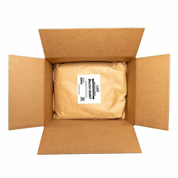 Open cardboard box containing a large, sealed bag of Peacock Green Ultrafine Metallic Dazzler Dust.
