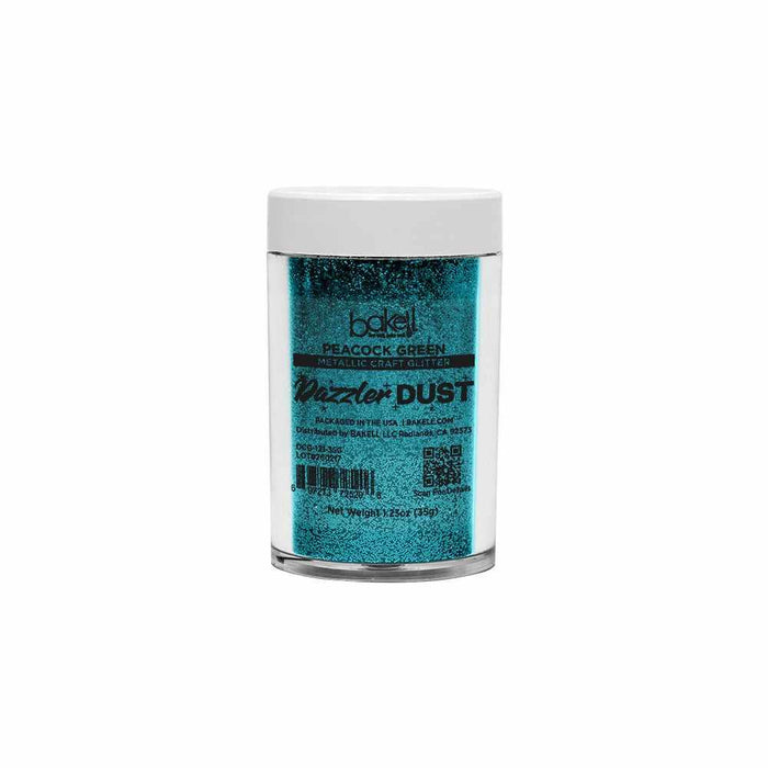 Bakell Peacock Green ultrafine metallic craft glitter in a clear jar with a white lid.