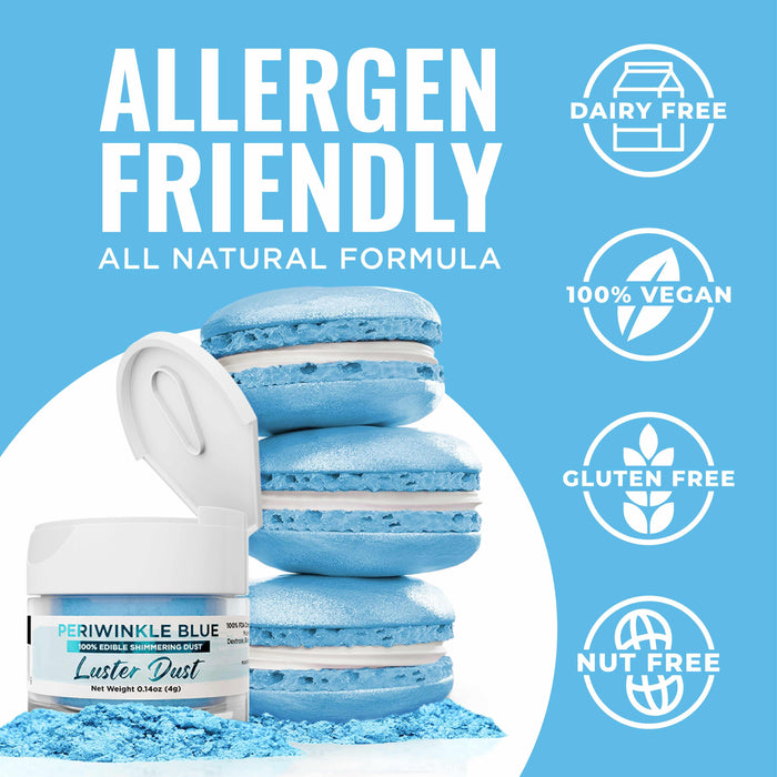 Periwinkle Blue Luster Dust in a jar with a pile of dust and three blue macarons.