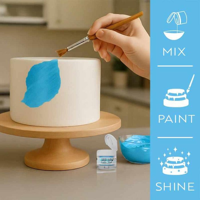 Hand painting a white cake with periwinkle blue luster dust, showing the mix, paint, and shine steps.