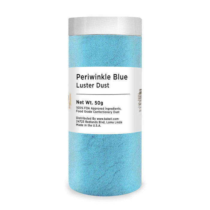 Periwinkle Blue Luster Dust in a clear 50g jar with a white lid and product label.