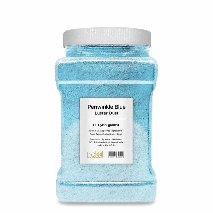 1 LB container of Periwinkle Blue Luster Dust, a shiny, pearlized edible powder for confections.