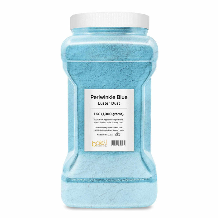 Large 1KG container of Periwinkle Blue Luster Dust, a fine, pearlized edible powder.