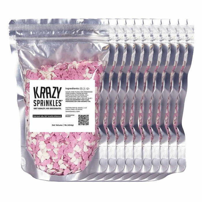 ten bags of white and pink baby feet sprinkles
