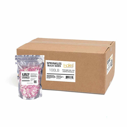 a pound bag of pink and white sprinkles in front of wholesale case