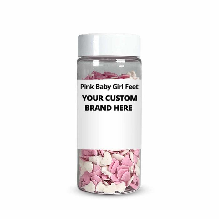 product shot of private label bottle filled with pink and white baby feet decorations