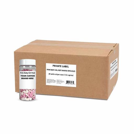 a bottle of pink and white sprinkles in front of a custom label wholesale case