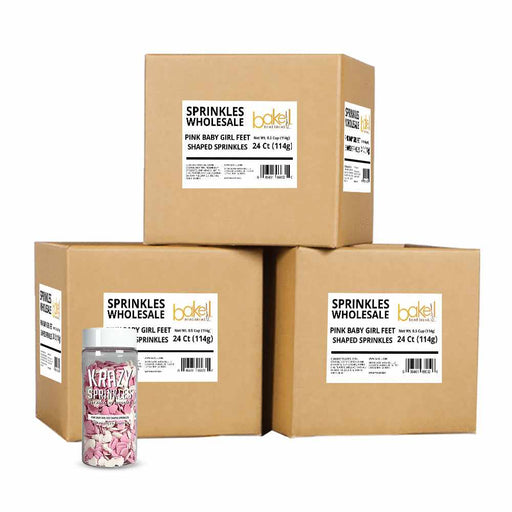 a bottle of pink and white sprinkles next to three wholesale cases