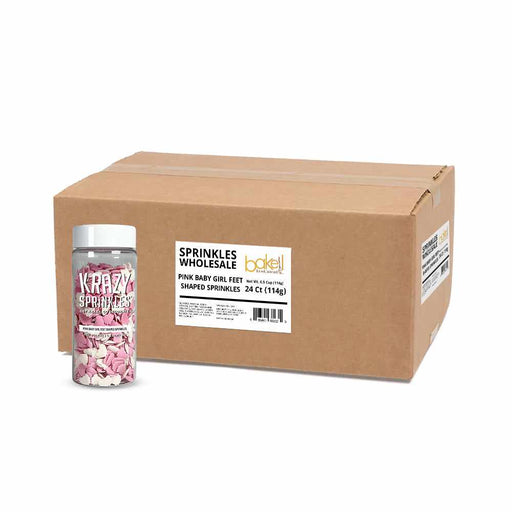 a bottle of pink and white sprinkles in front of wholesale case