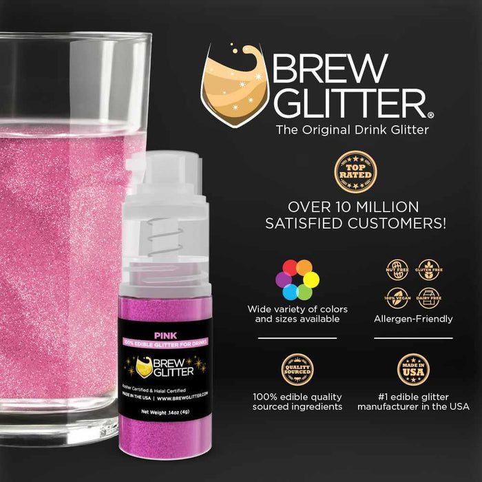 Pink Brew Glitter mini spray pump next to a glass of pink glittery drink.