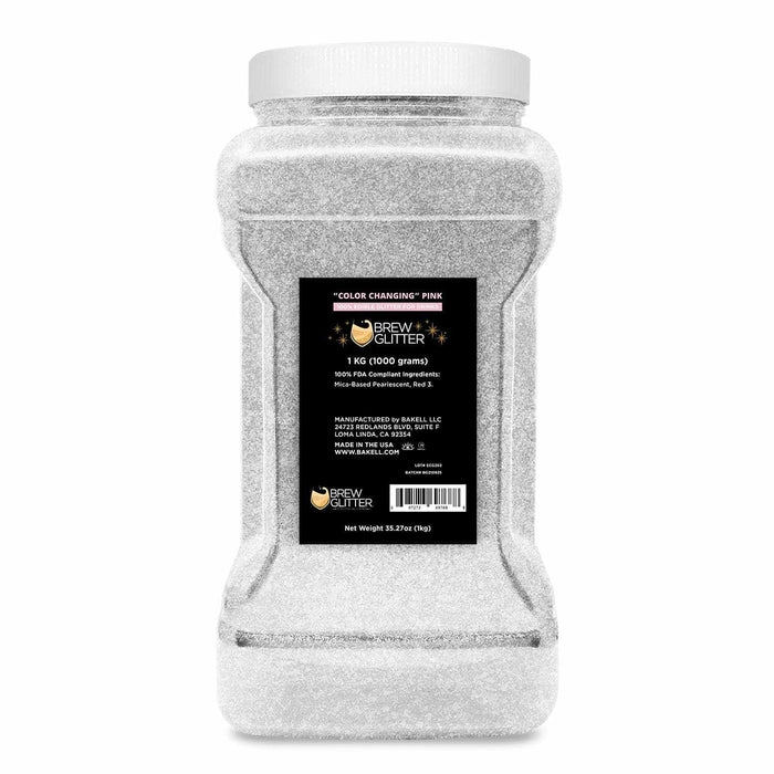 1kg bulk container of "Color Changing" Pink Brew Glitter, appearing white and shimmery.