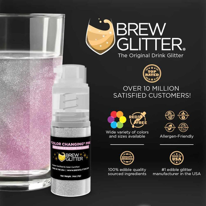Pink color-changing Brew Glitter mini spray pump next to a glass of pink glittery drink.