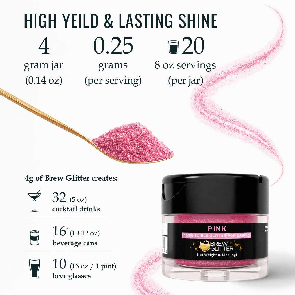Pink Brew Glitter jar with a gold spoon of edible glitter and serving yield statistics for cocktails and beverages.
