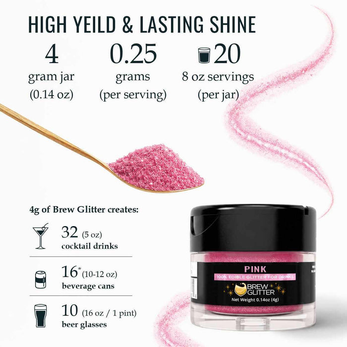 Pink Brew Glitter jar with a gold spoon of edible glitter and serving yield statistics for cocktails and beverages.