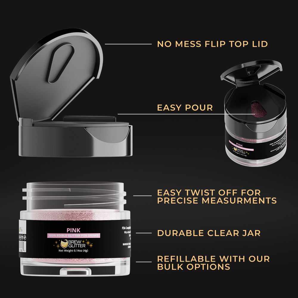 Pink Brew Glitter in a 4g clear jar with a black no-mess flip-top lid and easy-pour design for drinks.