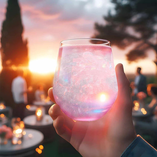 Hand holding a glass filled with Pink Iridescent  Brew Glitter