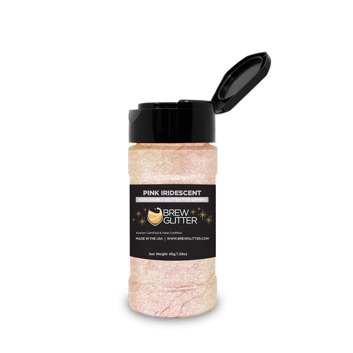 45g bottle of pink iridescent edible Brew Glitter with a black flip-top lid and holographic drink shimmer.