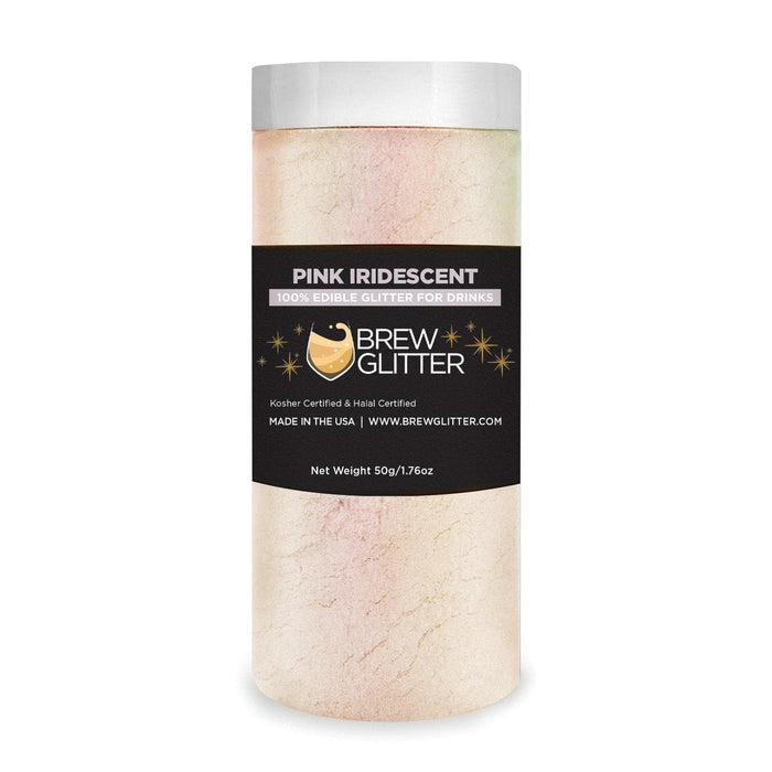 50g container of pink iridescent edible Brew Glitter for drinks with a holographic rainbow effect.