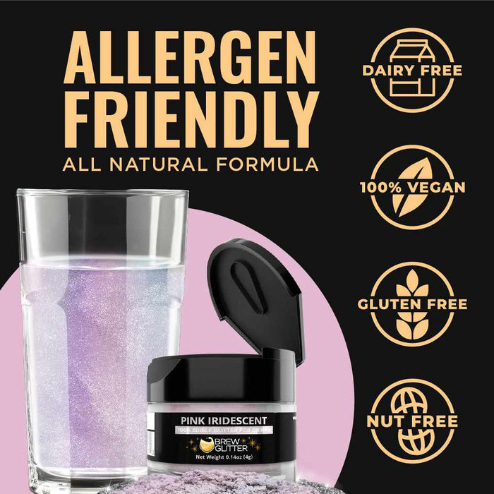 Pink iridescent edible glitter jar with a glass of shimmering purple drink and allergen-free icons on a black background.