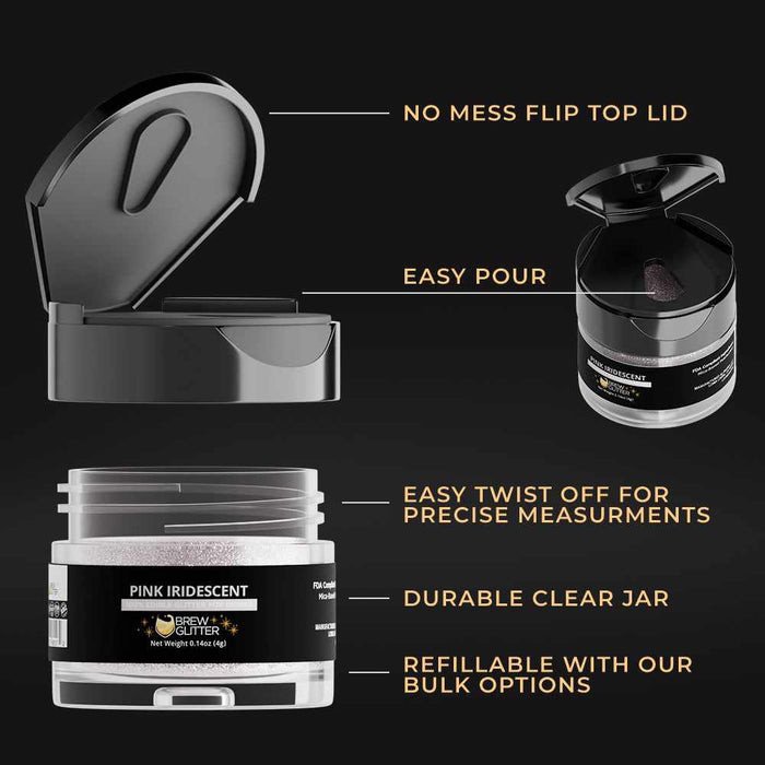 Pink iridescent edible brew glitter in a clear 4g jar with a black flip-top lid and easy-pour design features.