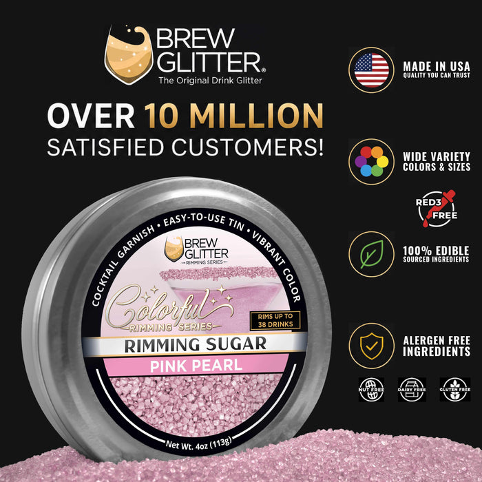 Pink Pearl rimming sugar in a 4oz silver tin, featuring sparkling pink sugar crystals for cocktail glass garnishing.