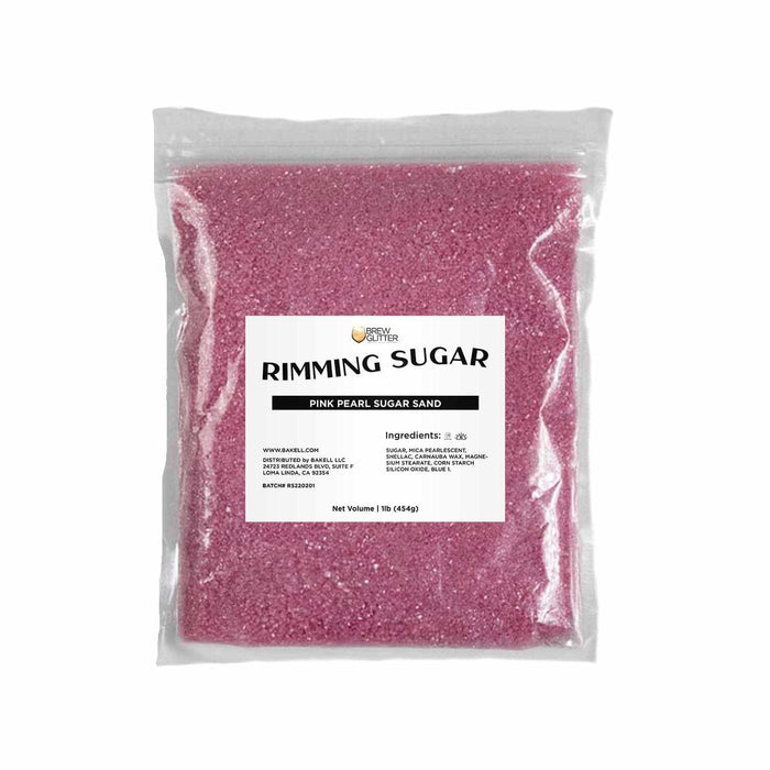 One-pound bag of shimmering pink pearl cocktail rimming sugar with a white product label.