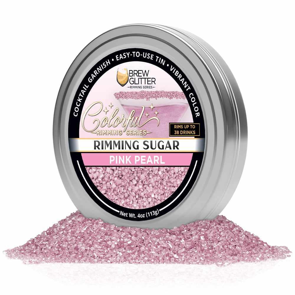 Pink Pearl rimming sugar in a 4oz silver tin, featuring a vibrant pink crystalline texture for cocktail glass garnishing.