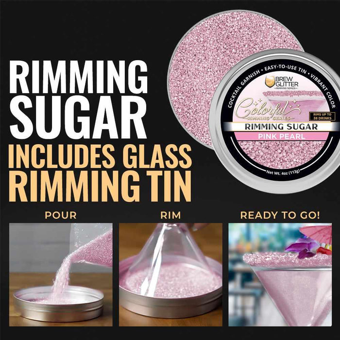Pink Pearl cocktail rimming sugar in a 4oz tin with instructional steps for pouring and rimming a glass.