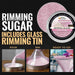 Pink Pearl cocktail rimming sugar in a 4oz tin with instructional steps for pouring and rimming a glass.
