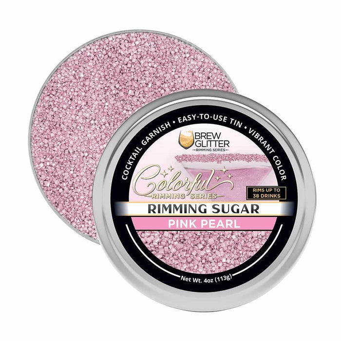 Pink Pearl cocktail rimming sugar in a 4oz silver tin by Brew Glitter for garnishing drink glasses.