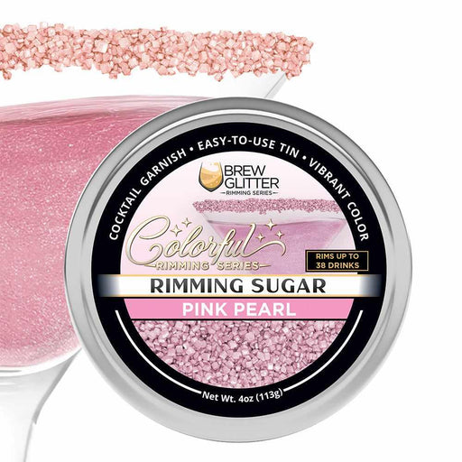 Pink Pearl cocktail rimming sugar in a 4oz tin, featuring vibrant pink sugar crystals for garnishing glassware.