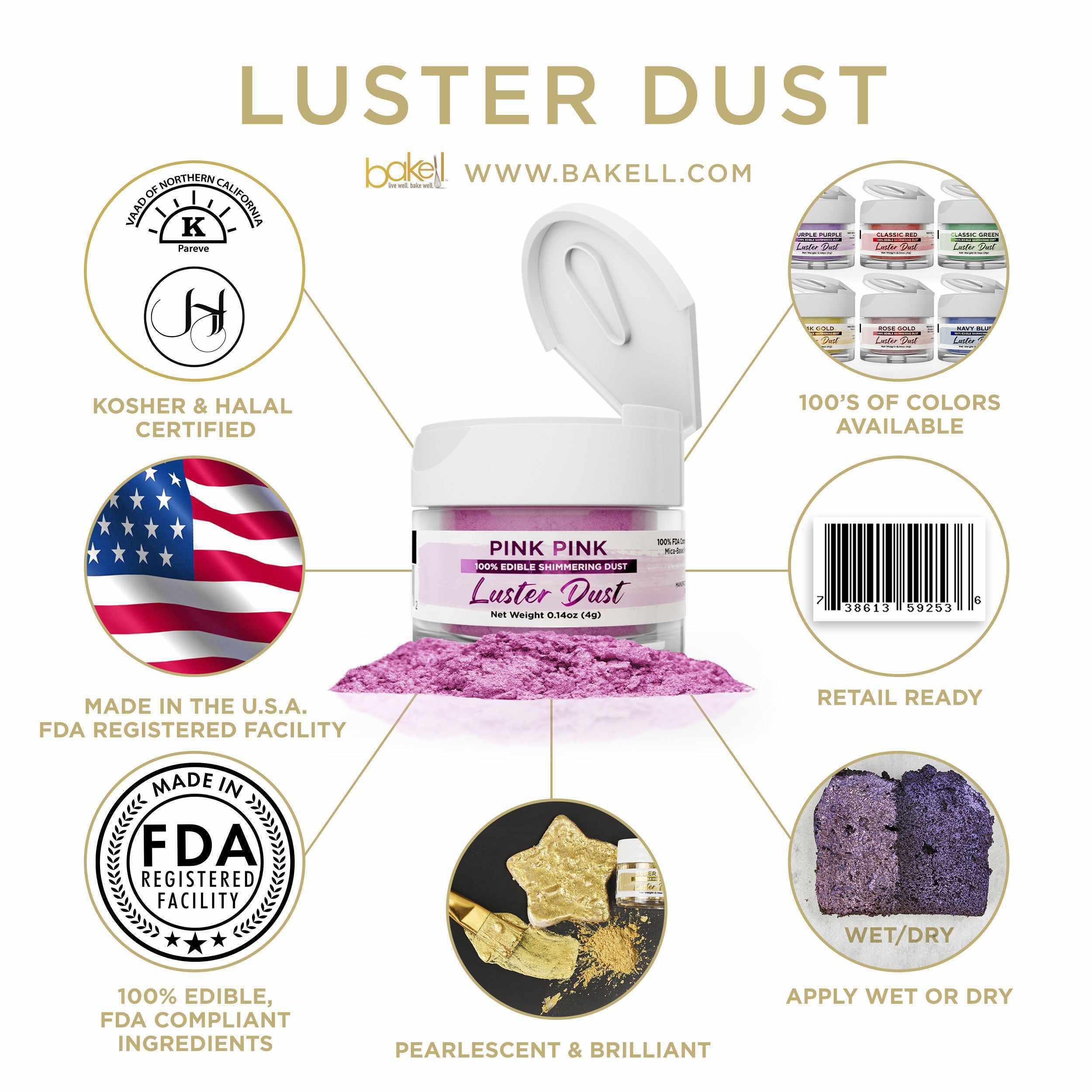 Pink Pink Edible Luster Dust | FDA Approved & Kosher Pareve | Bakell.com