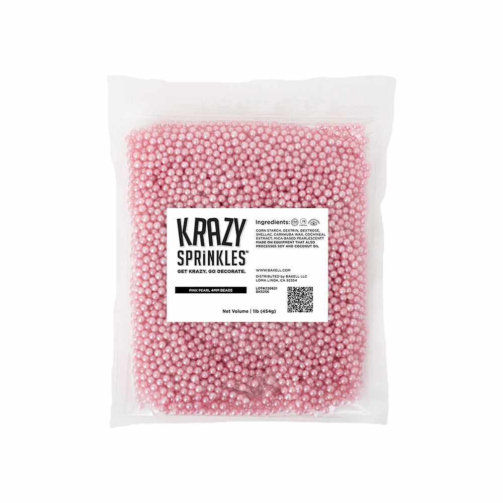 Krazy Sprinkles Pink Pearl 4mm edible beads in a 1lb clear bag.
