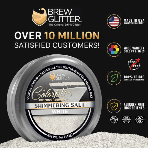 White shimmering cocktail rimming salt in a 4oz metal tin, featuring edible glitter for drink garnishing.
