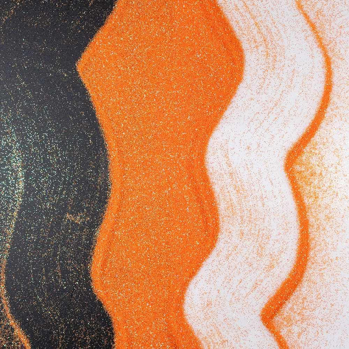 Pumpkin Orange ultrafine iridescent craft glitter, with black and white wavy lines of Dazzler Dust.