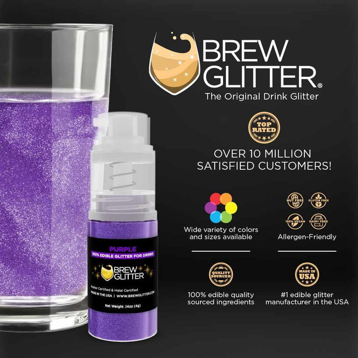 Purple Brew Glitter mini spray pump next to a glass of purple sparkling drink.