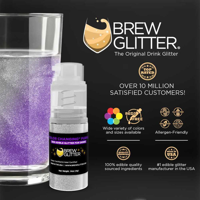 Purple color-changing Brew Glitter mini spray pump next to a glass of purple sparkling drink.