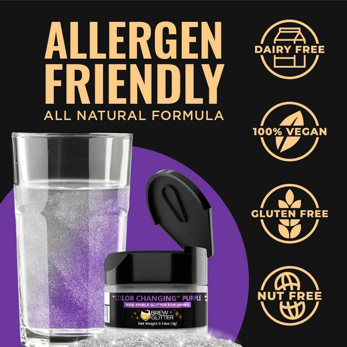 Purple Color Changing Brew Glitter next to a glass of water, highlighting allergen-friendly features.