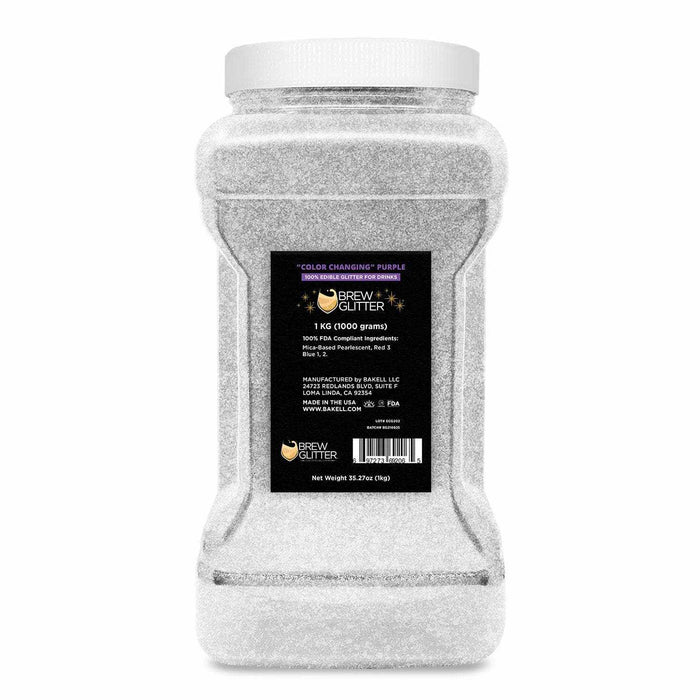 1kg bulk container of white color-changing purple Brew Glitter for beverages.