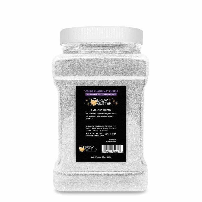 1 lb bulk container of white "Color Changing" Purple Brew Glitter for drinks.