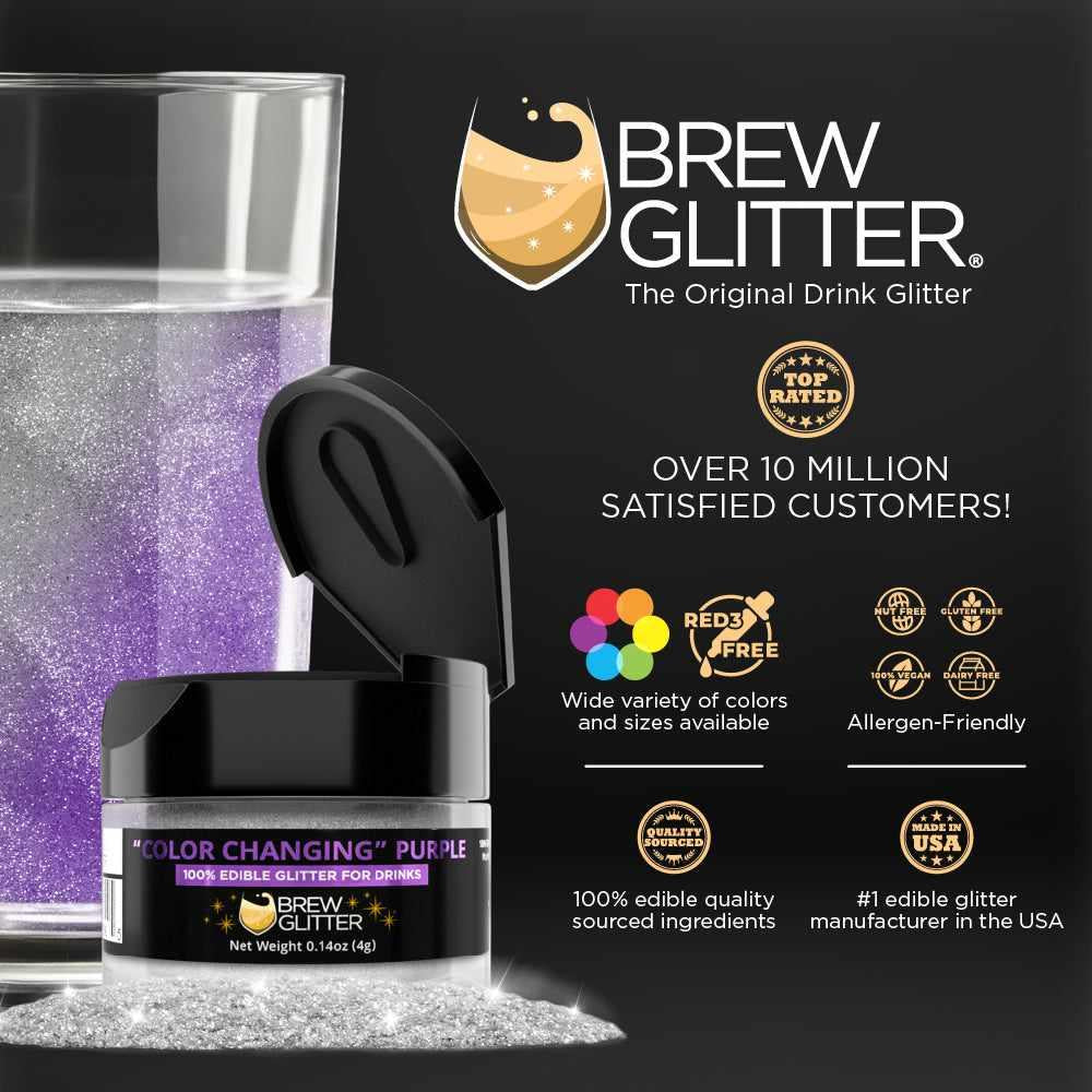 Purple Color Changing Brew Glitter jar with a glass of glittered drink, highlighting product features.