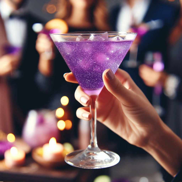 Hand holding a glass filled with Purple  Color Changing Brew Glitter