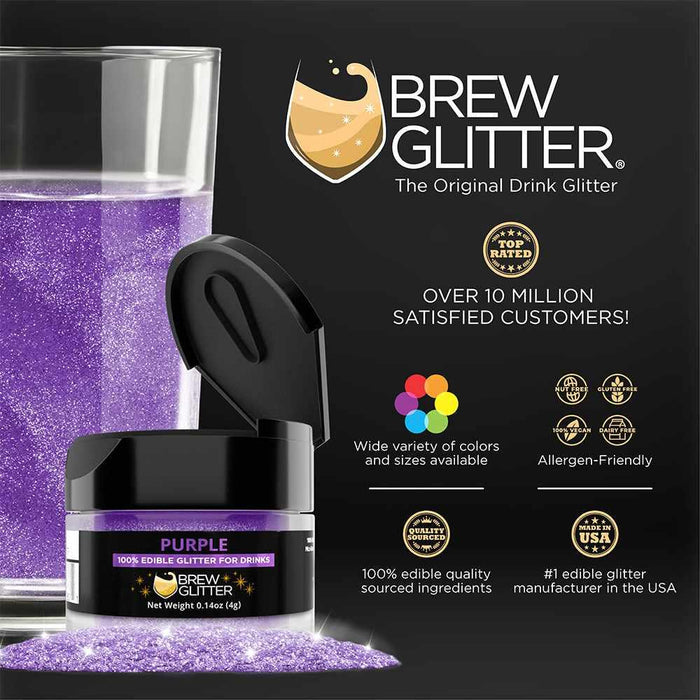 Purple Brew Glitter in a small black jar next to a glass of purple sparkling drink.