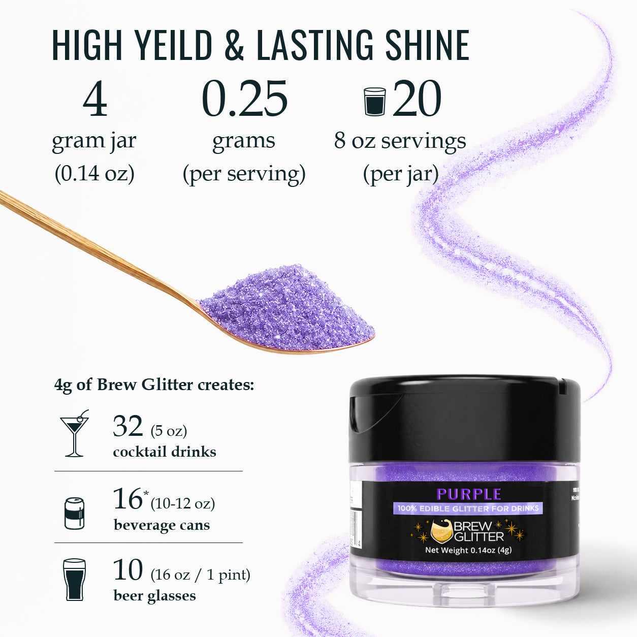 Purple Brew Glitter in a 4g jar with a spoon showing serving yields for cocktails, cans, and glasses.