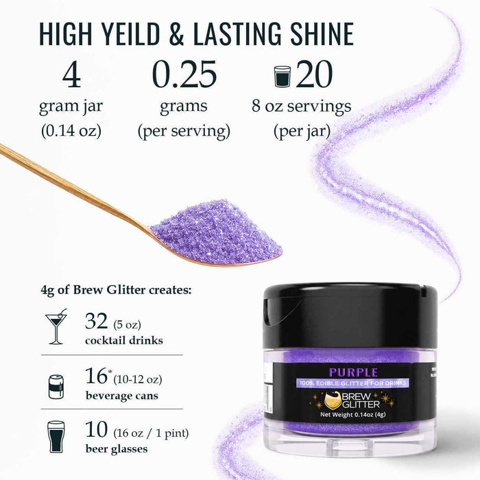Purple Brew Glitter in a 4g jar with a spoon showing serving yields for cocktails, cans, and glasses.