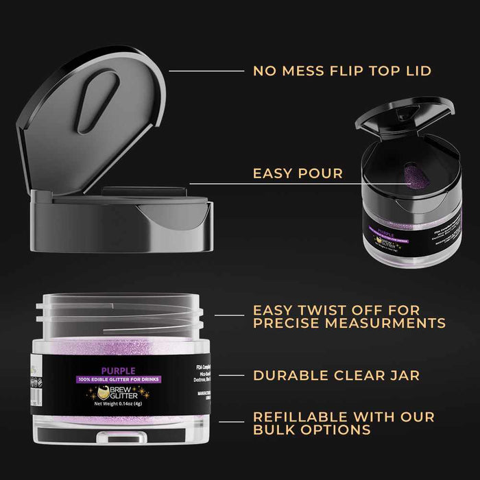 Purple edible drink glitter in a durable 4g clear jar with a convenient no-mess flip-top lid for easy pouring.