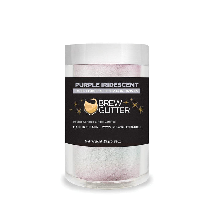 25g jar of purple iridescent edible Brew Glitter for drinks with a black label and holographic shimmer.