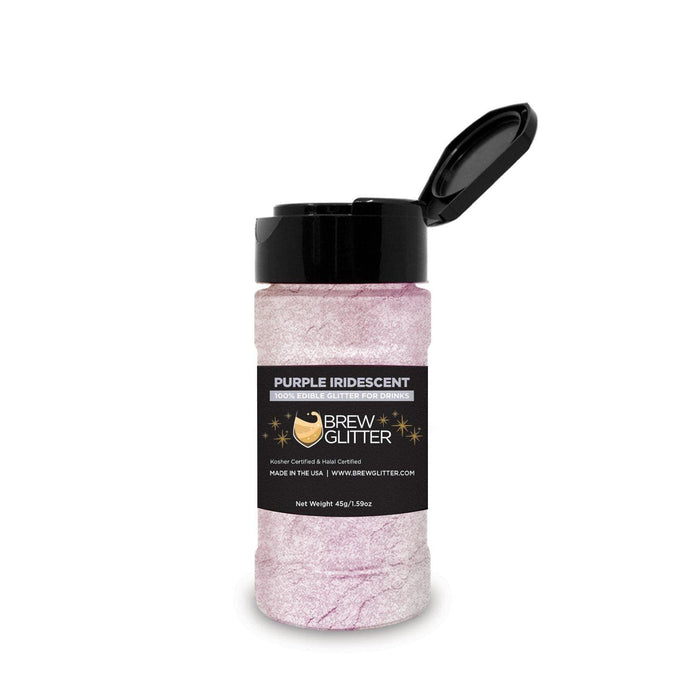 45g bottle of purple iridescent edible Brew Glitter with a black flip-top lid and holographic drink shimmer.
