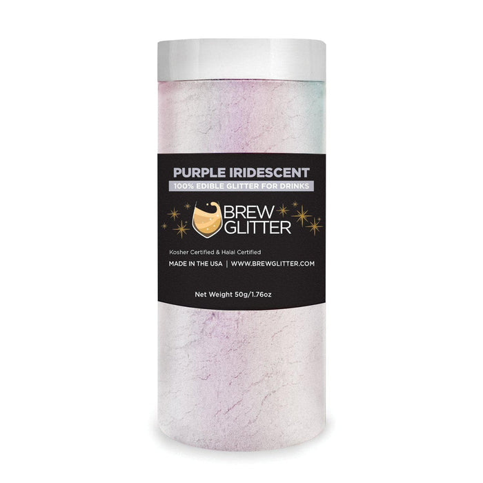 50g jar of Purple Iridescent Brew Glitter featuring a holographic, edible powder for drinks with a black product label.